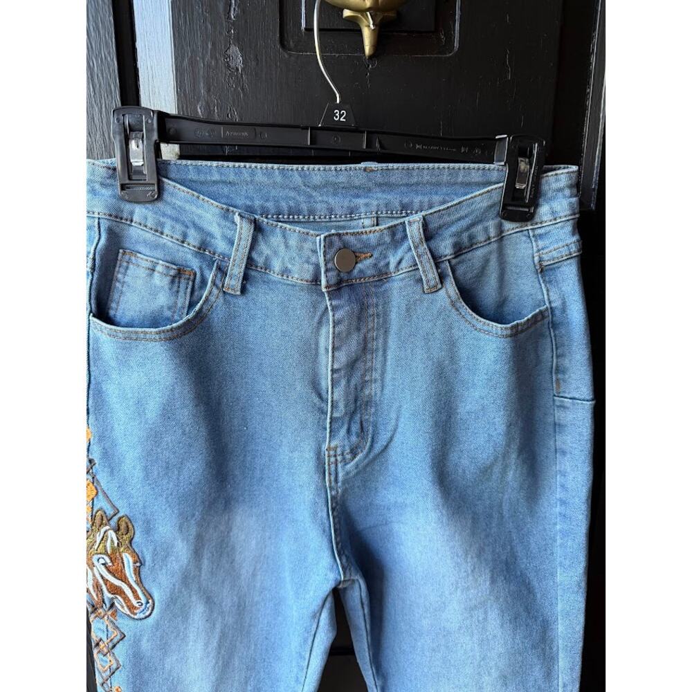 Womens Horse Embroidered High Waist Stretch Jeans Medium Wash M/L Boot Cut - Picture 3 of 9